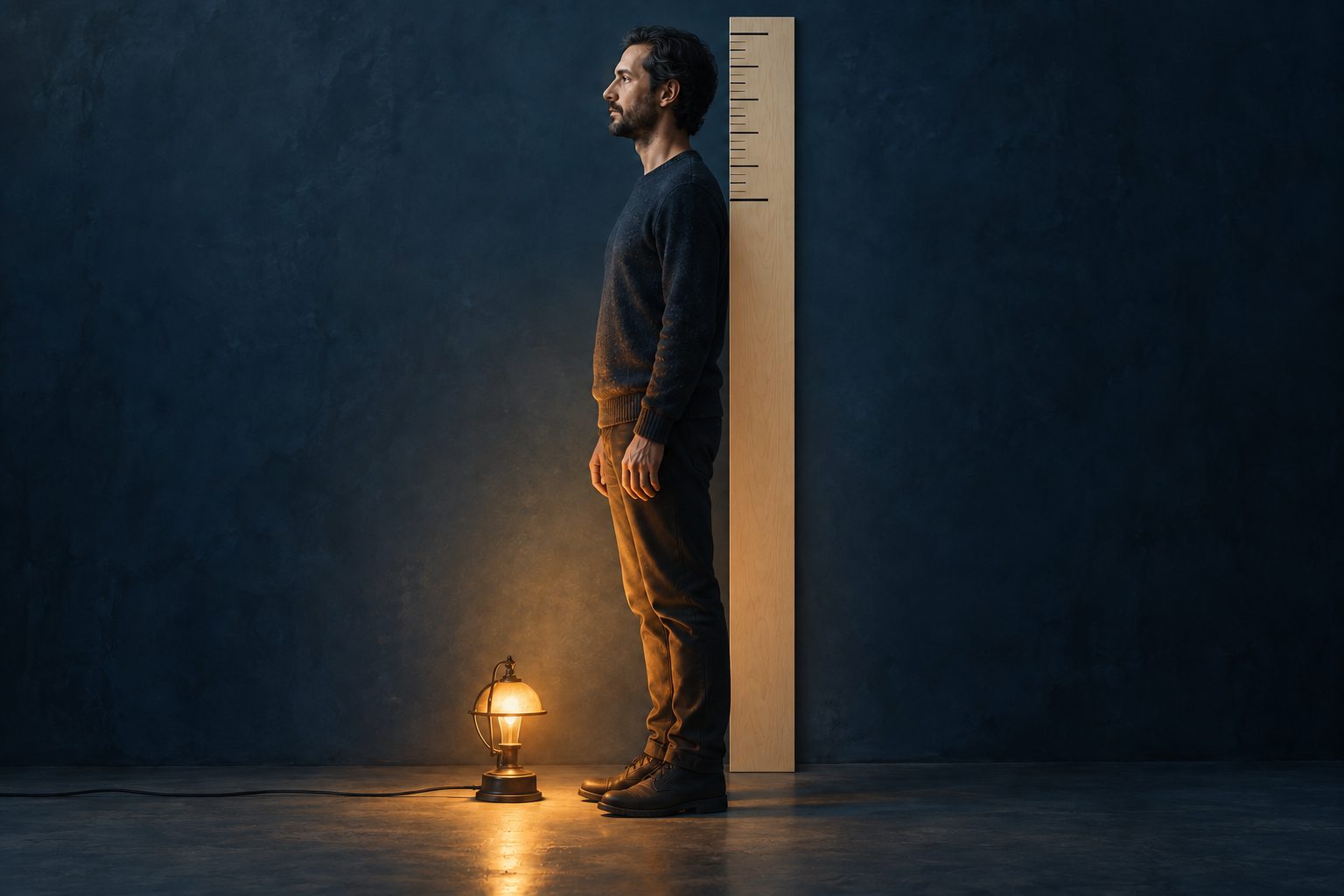 A man in profile against a wooden height chart whose marks stop at his shoulders. A small lamp on the floor lights only his legs.