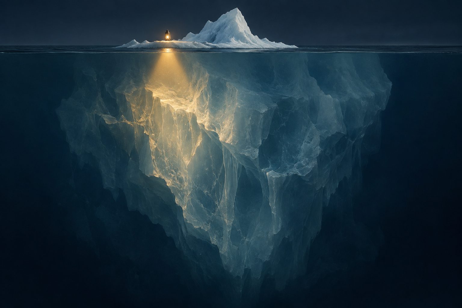 A small white iceberg tip above dark water and a huge pale mass below. A lantern on the ice sends one beam down through the ice.