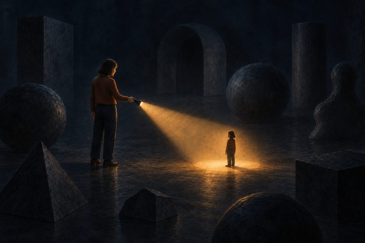 A woman in a dark room full of large geometric shapes points a flashlight. The beam lands on a small figure, who is herself as a child.