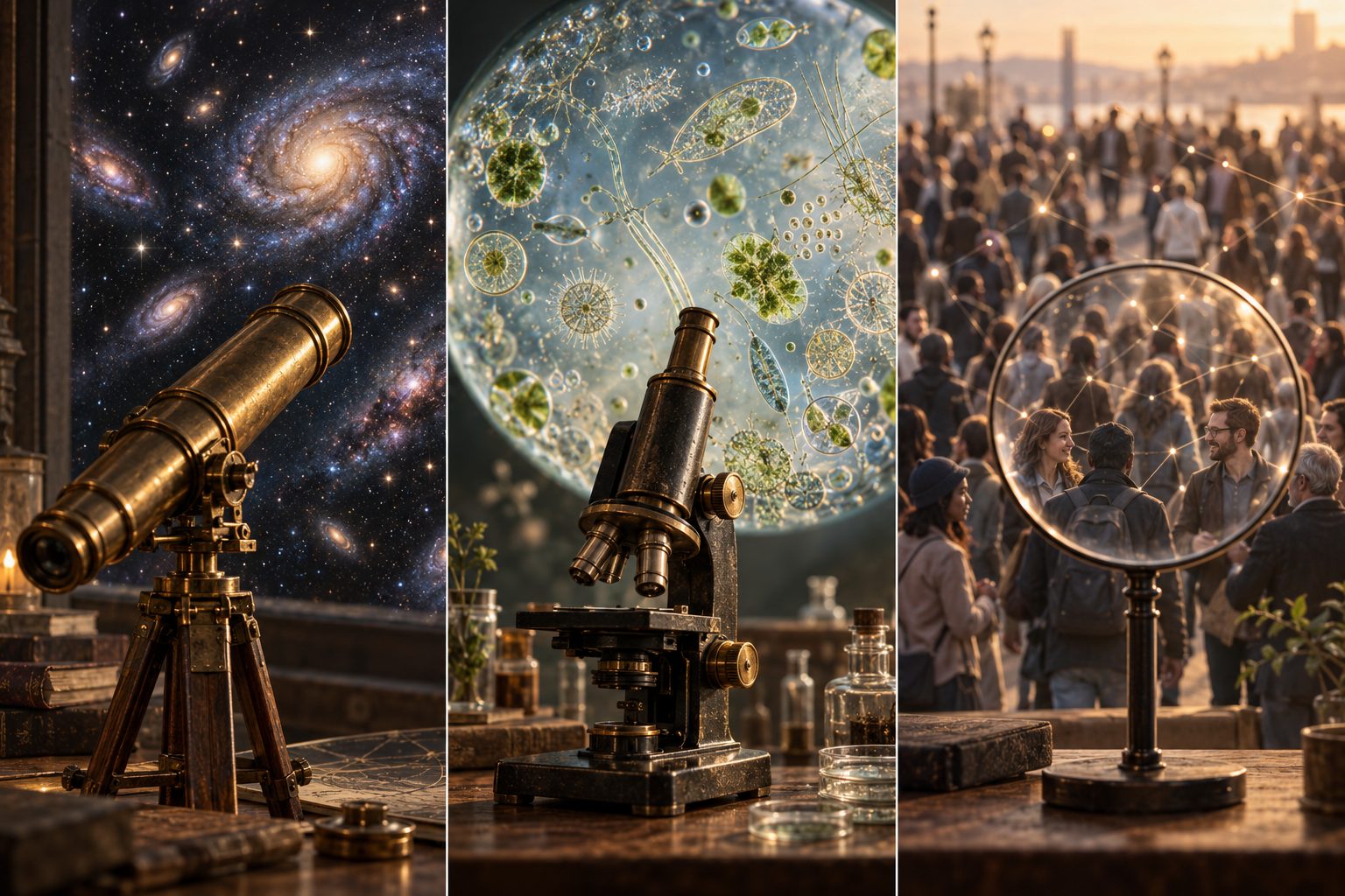 A brass telescope opening on galaxies, an old microscope over a drop of water full of tiny creatures, and a glass lens on a stand through which lines of light connect people in a crowd.