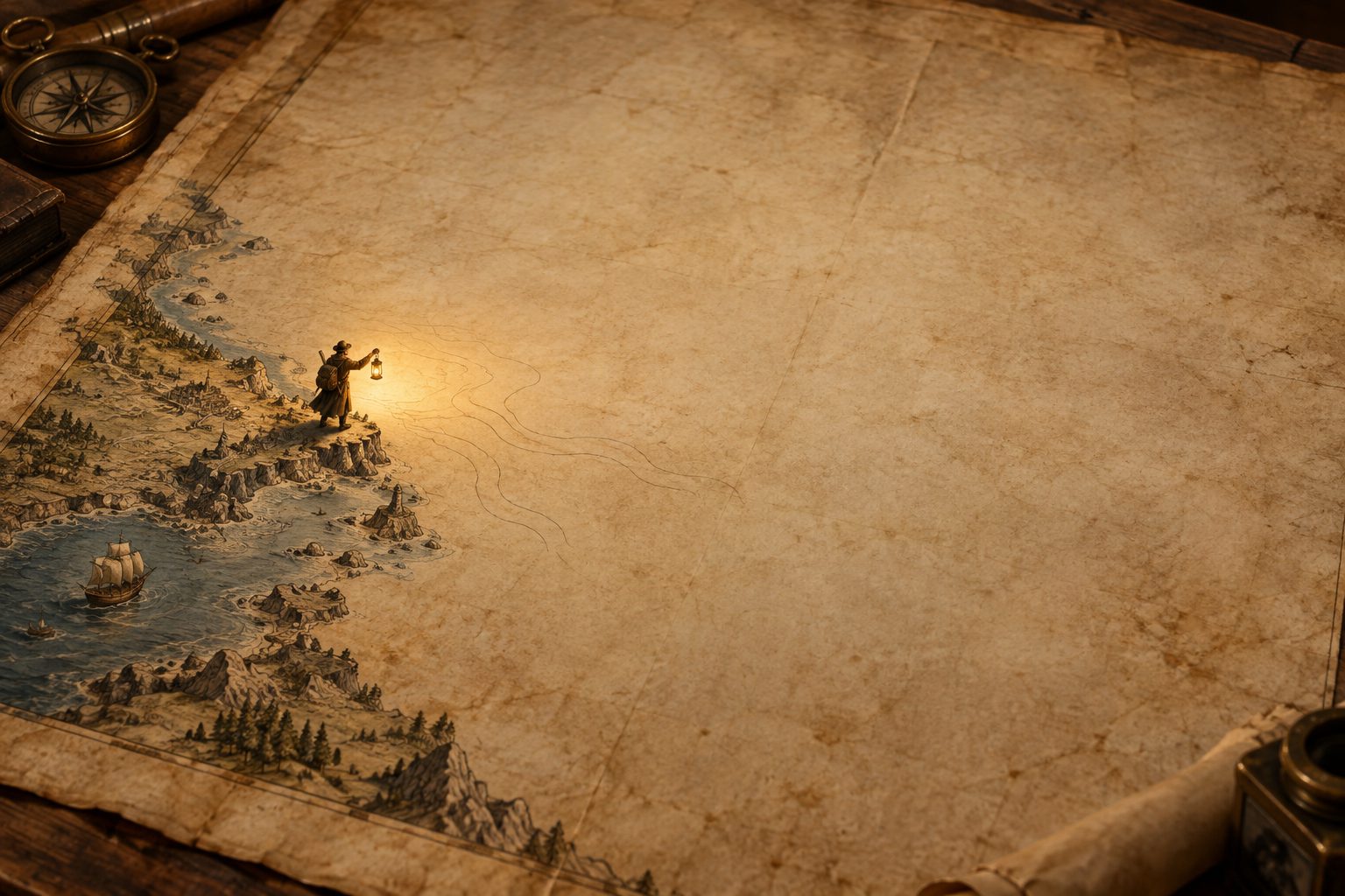 An antique chart with a small, finely drawn coastline and a vast blank interior. A cartographer with a lantern stands at the edge of the known coast, and faint contour lines appear only where his light falls.