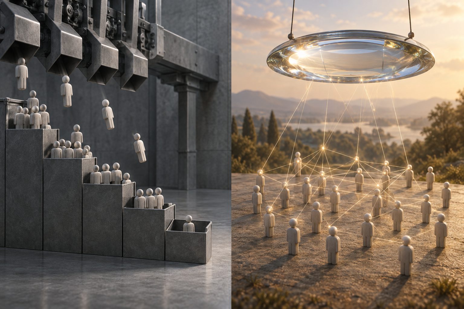 On the left, a grey machine drops identical little figures into bins stacked from tallest to smallest. On the right, the same figures stand freely under a large hanging lens, connected by threads of light.