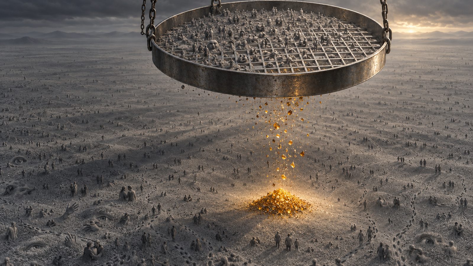 A huge sieve with a rigid grid hangs over a grey plain. Grey dust stays on the grid, and what falls through collects below as a glowing golden heap.