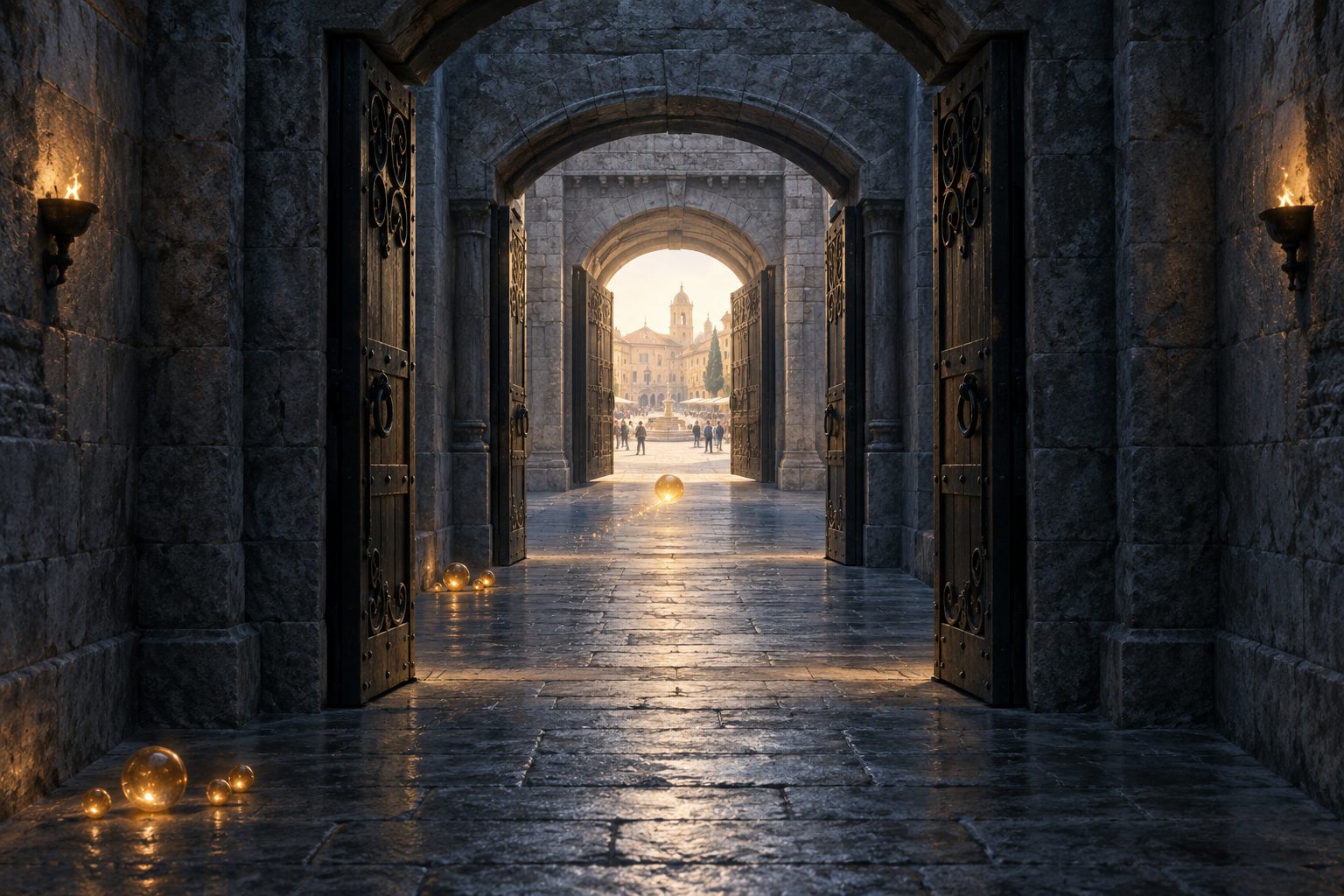 A stone corridor with four gates one behind the other. A small golden sphere has reached the far gate, dimmer spheres lie on the floor near the entrance, and beyond the last gate lies a sunlit square with people.