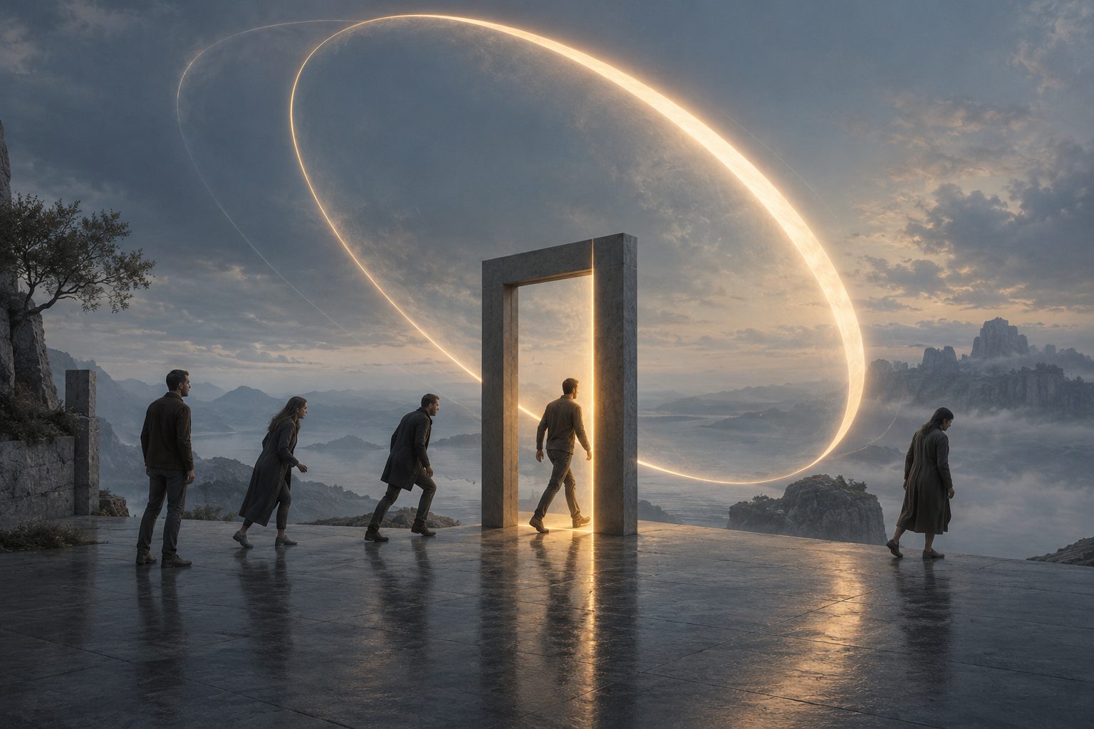 A figure steps through a stone doorway at the exact moment a huge ring of light lines up with the frame. The others nearby are a half step too early or too late, and a thin amber seam glows in the frame.
